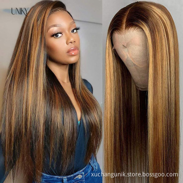 Uniky Hot honey brown silky straight deep part lace frontal wig 4 27 ombre color highlight virgin human hair 13*6 wig